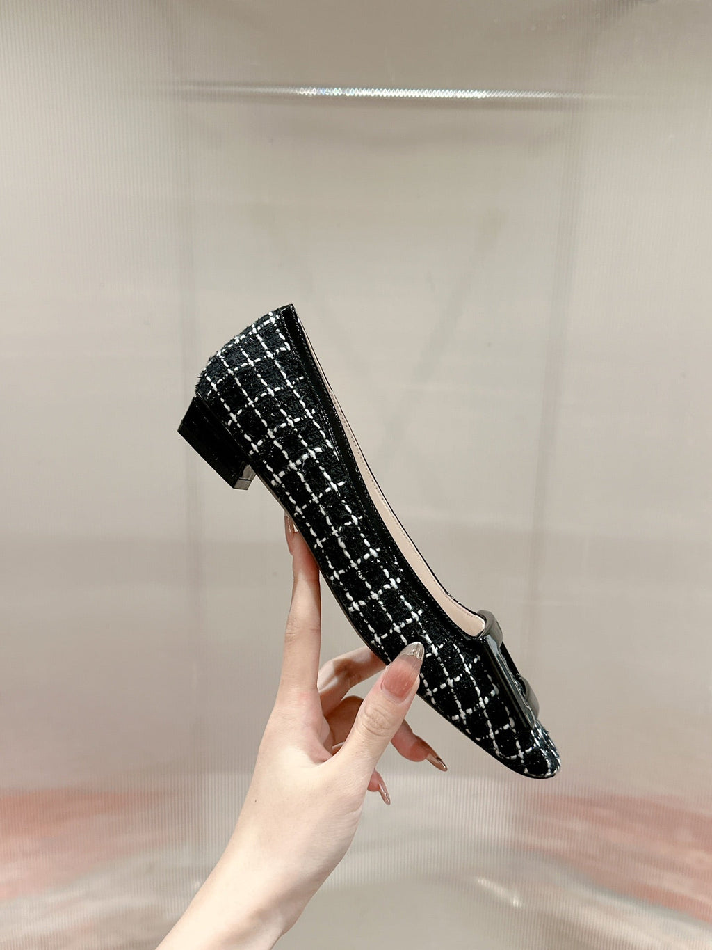 TROMPETTE BALLERINAS IN BLACK TWEED WITH WHITE STRIPES