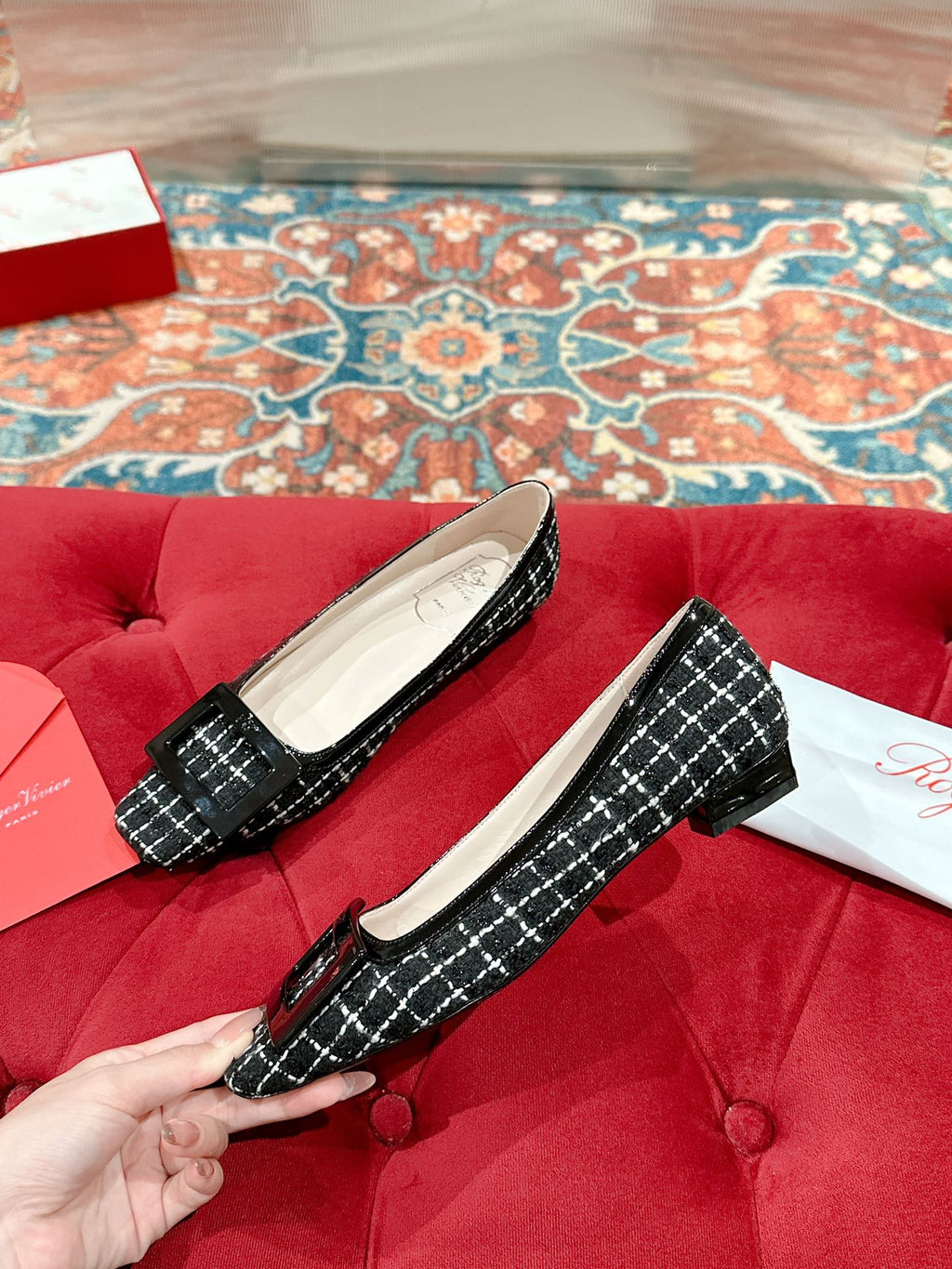 TROMPETTE BALLERINAS IN BLACK TWEED WITH WHITE STRIPES