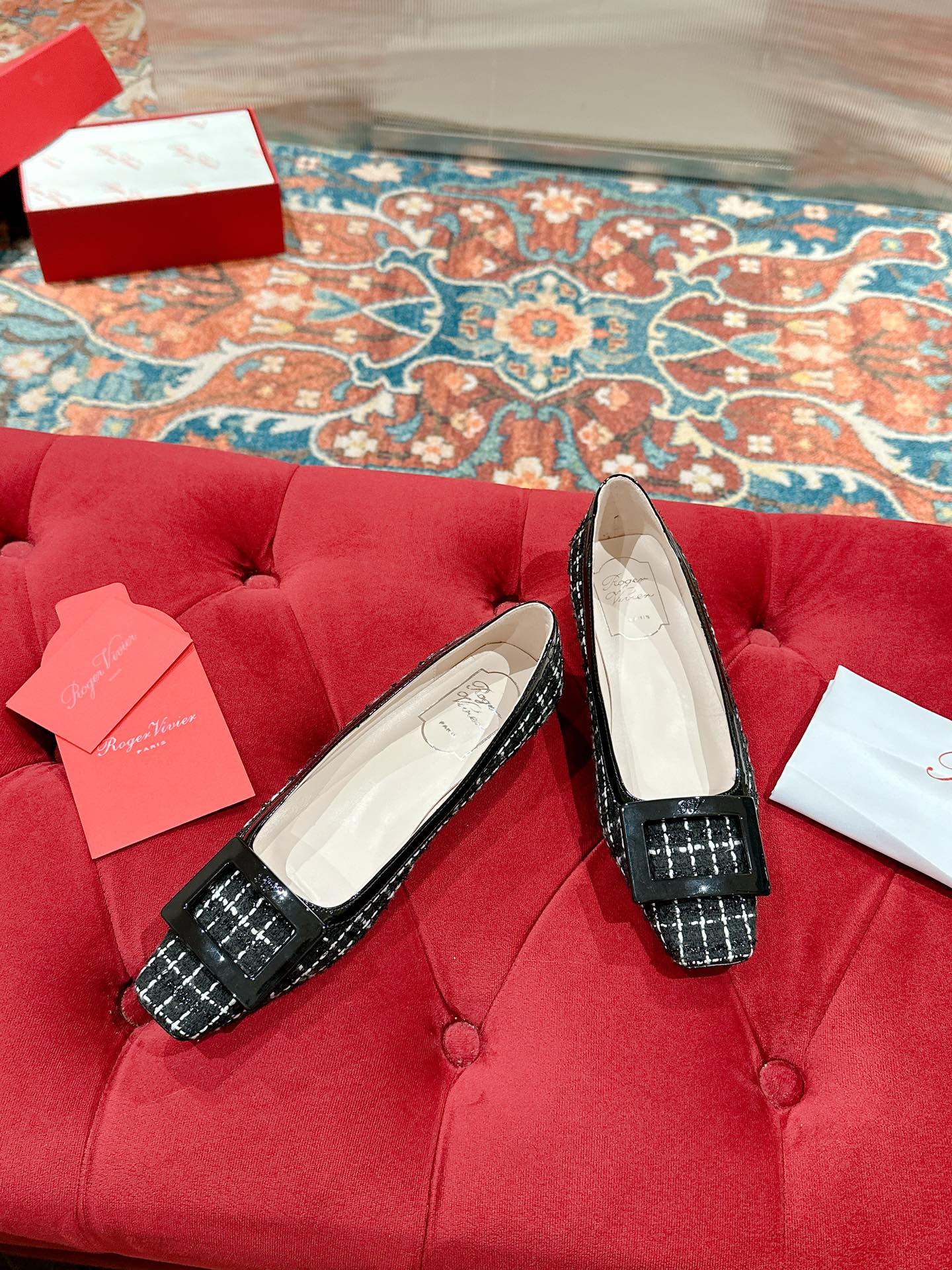 TROMPETTE BALLERINAS IN BLACK TWEED WITH WHITE STRIPES