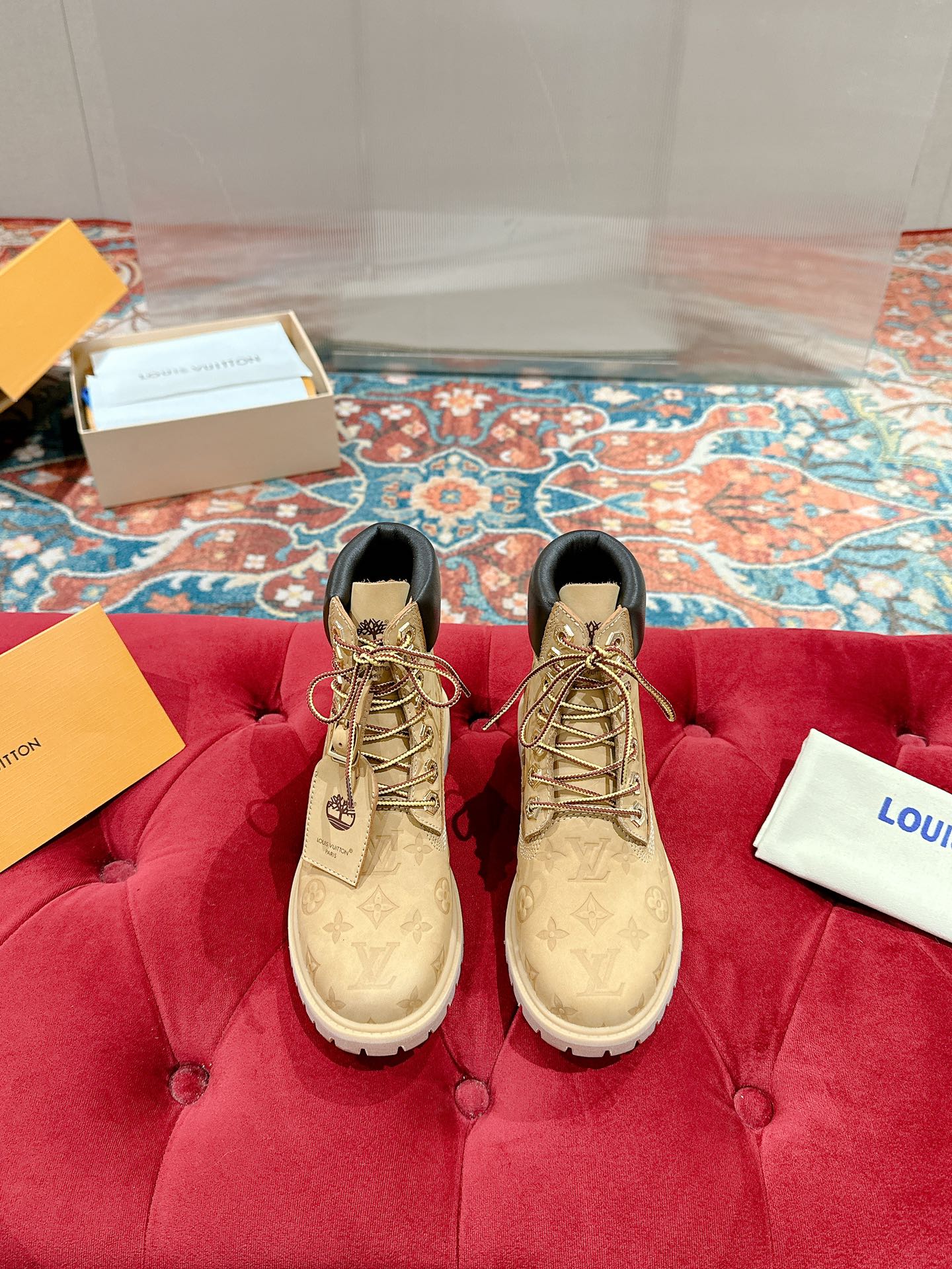 LV X TIMBERLAND ANKLE BOOT IN TORTILLA BROWN MONOGRAM SUEDE