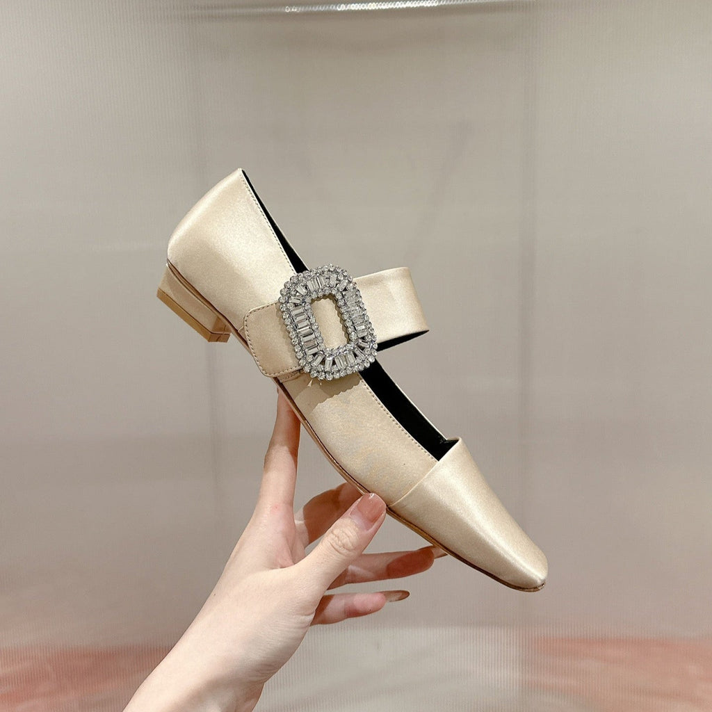 MARY JANES IN GOLD SATIN WITH CRYSTAL SQUARE BUCKLE