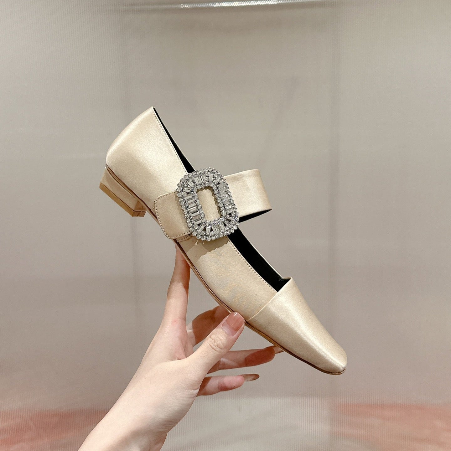 MARY JANES IN GOLD SATIN WITH CRYSTAL SQUARE BUCKLE