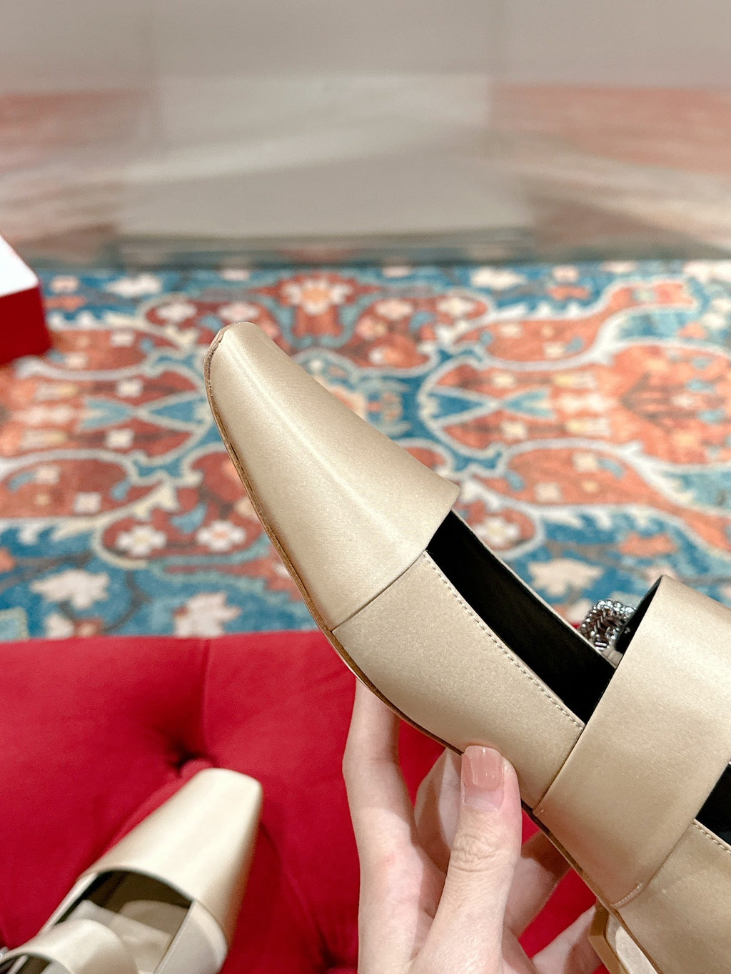 MARY JANES IN GOLD SATIN WITH CRYSTAL SQUARE BUCKLE