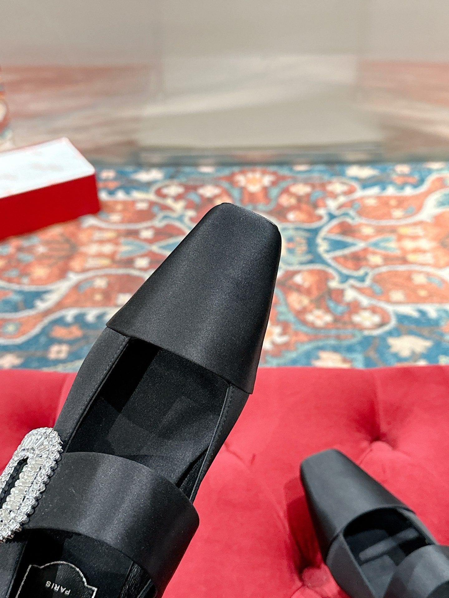 MARY JANES IN BLACK SATIN WITH CRYSTAL SQUARE BUCKLE