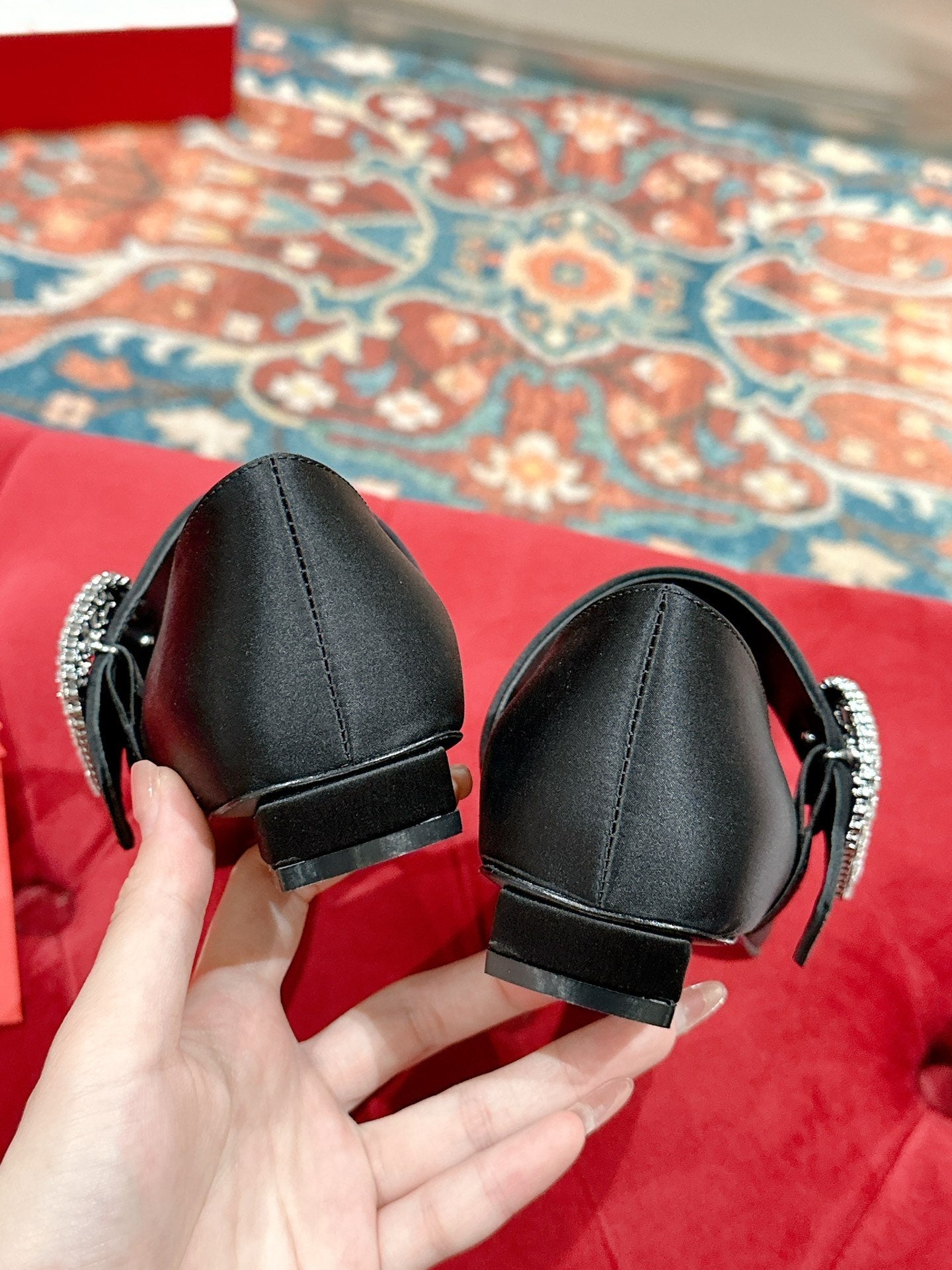 MARY JANES IN BLACK SATIN WITH CRYSTAL SQUARE BUCKLE