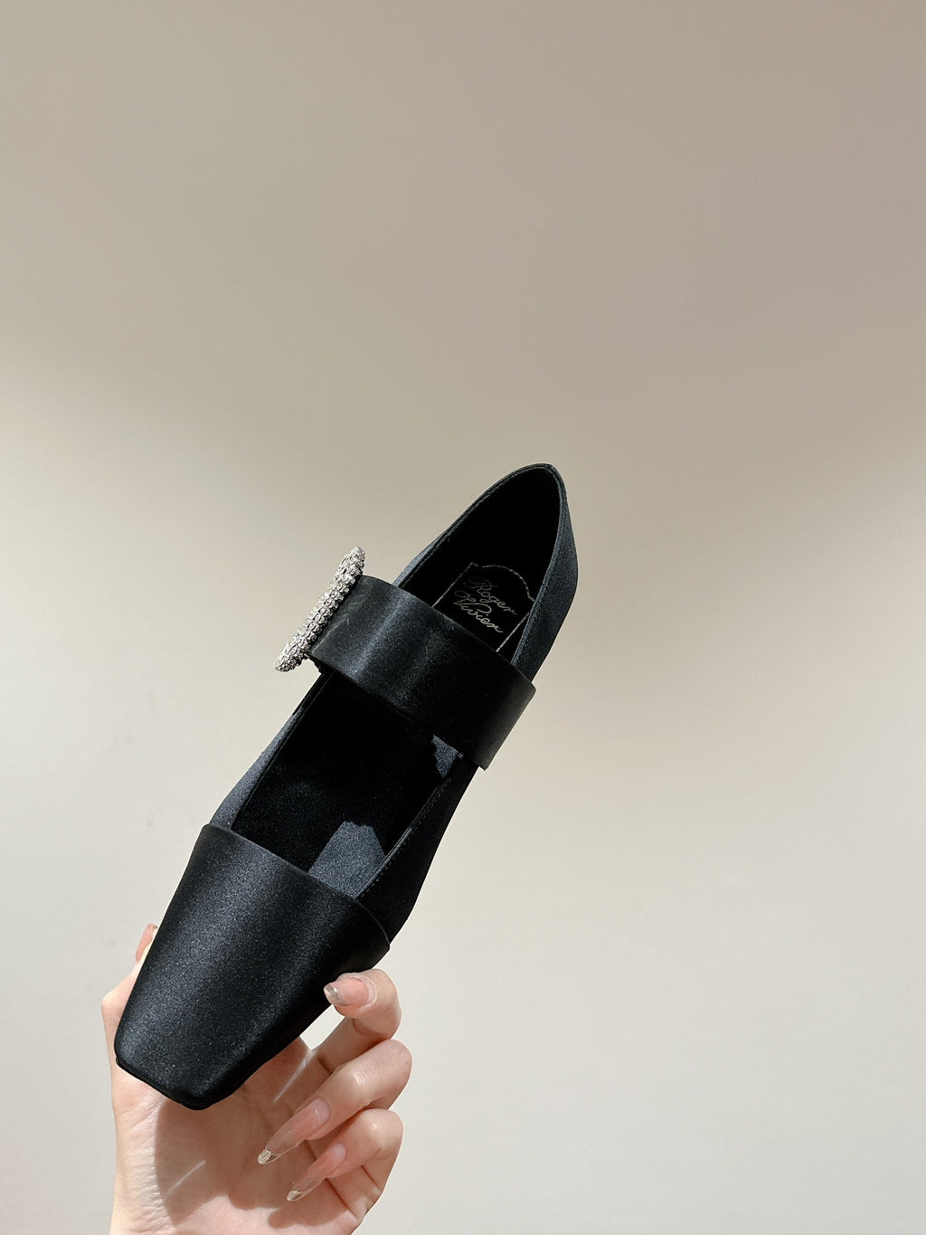 MARY JANES IN BLACK SATIN WITH CRYSTAL SQUARE BUCKLE