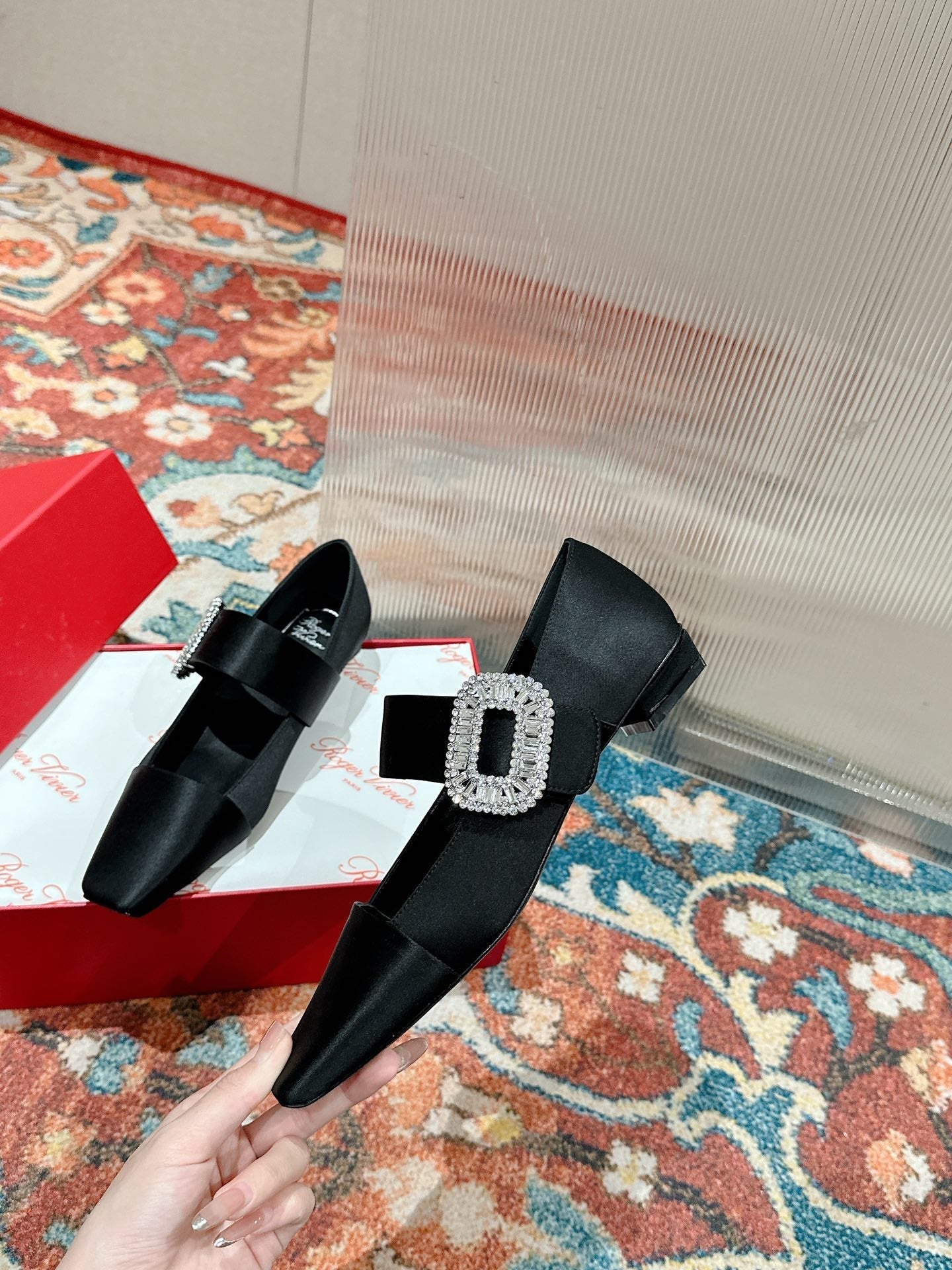MARY JANES IN BLACK SATIN WITH CRYSTAL SQUARE BUCKLE