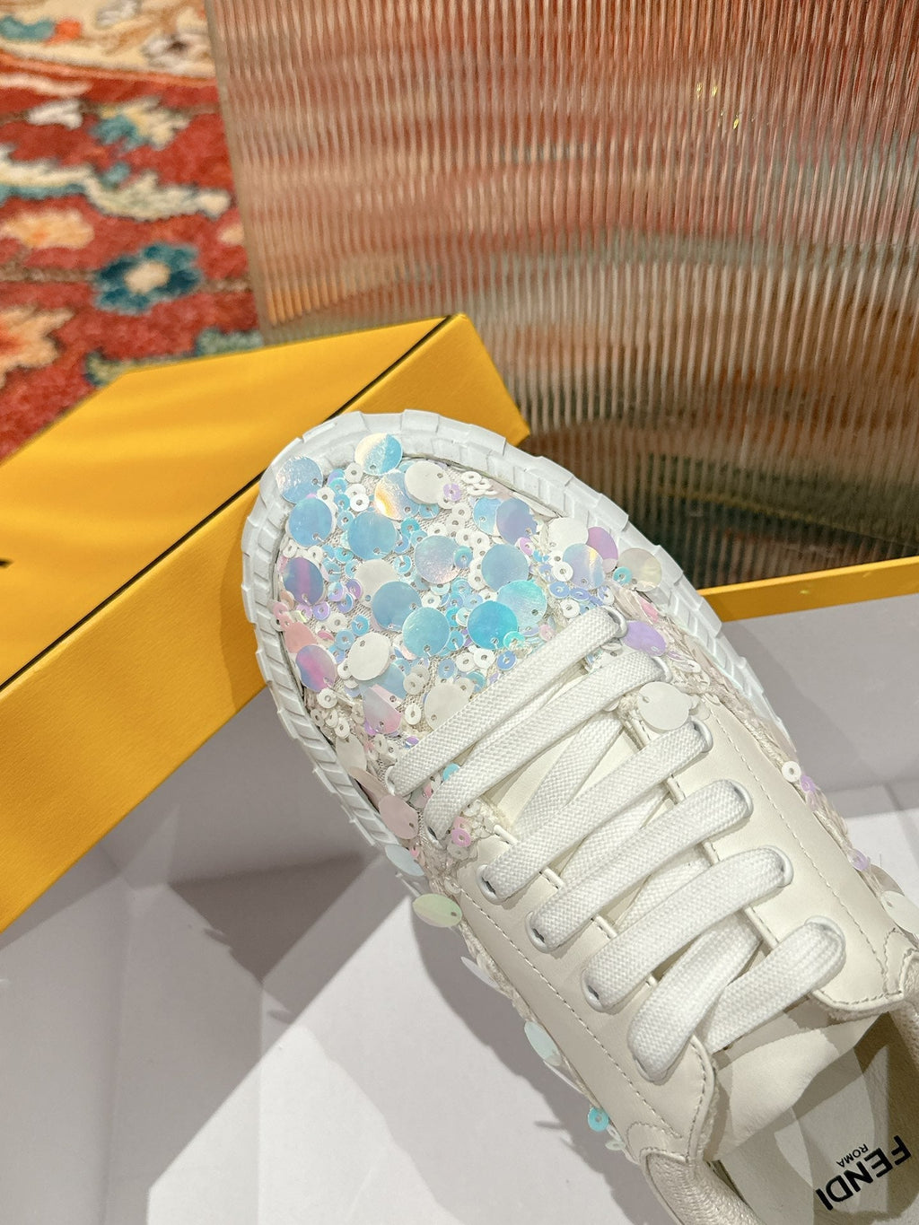 RUNWAY SEQUIN CASUAL SHOES IN WHITE CALFSKIN