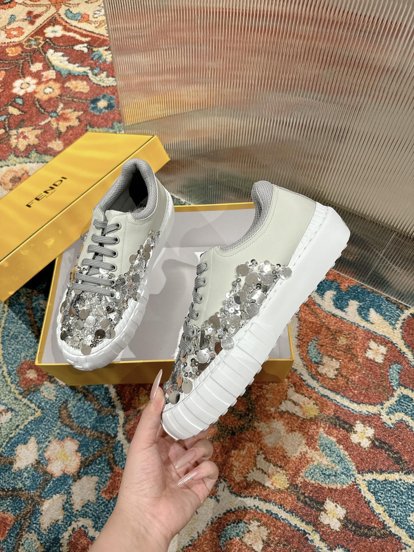 RUNWAY SEQUIN CASUAL SHOES IN PEARL GRAY CALFSKIN