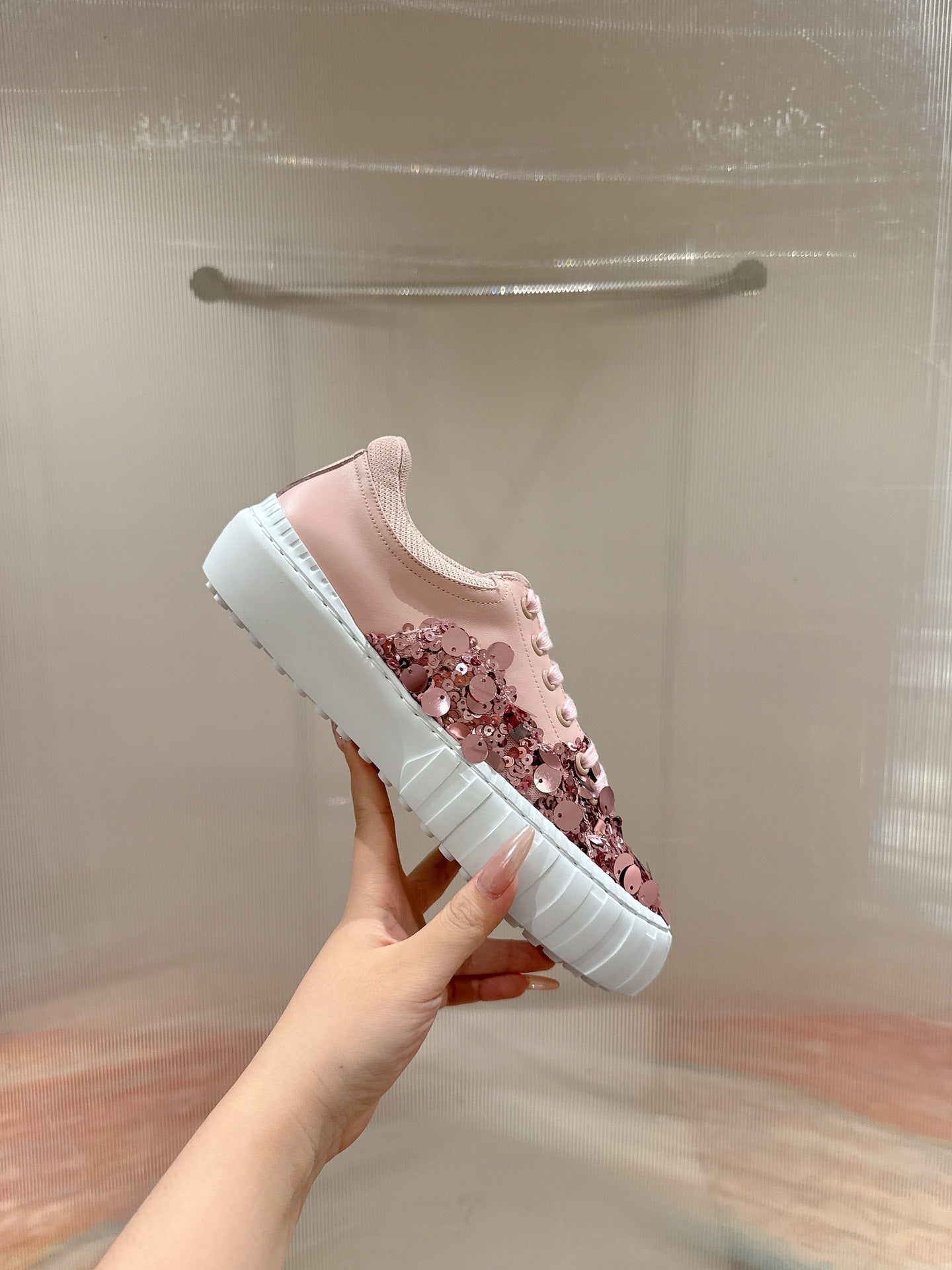RUNWAY SEQUIN CASUAL SHOES IN CREPE PINK CALFSKIN