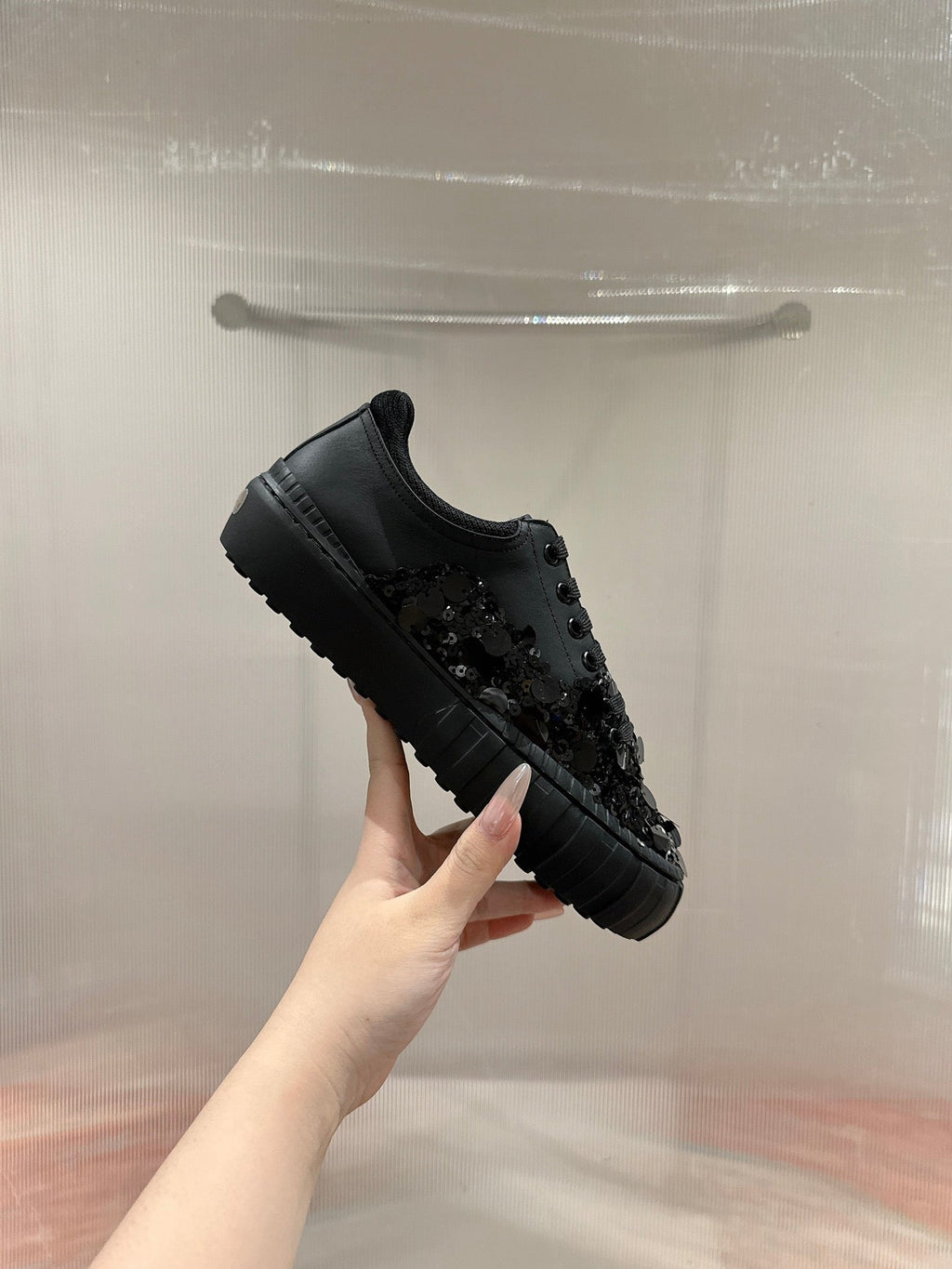 RUNWAY SEQUIN CASUAL SHOES IN BLACK CALFSKIN