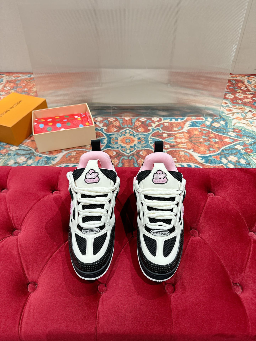 LV SKATE SNEAKER IN WHITE MIX BLACK AND LIGHT PINK CALFSKIN