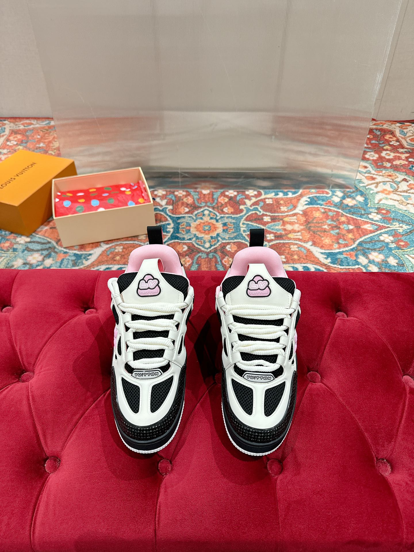 LV SKATE SNEAKER IN WHITE MIX BLACK AND LIGHT PINK CALFSKIN