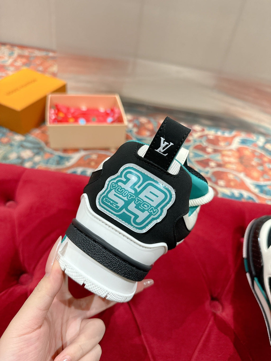 LV SKATE SNEAKER IN WHITE MIX BLACK AND PERSIAN GREEN CALFSKIN