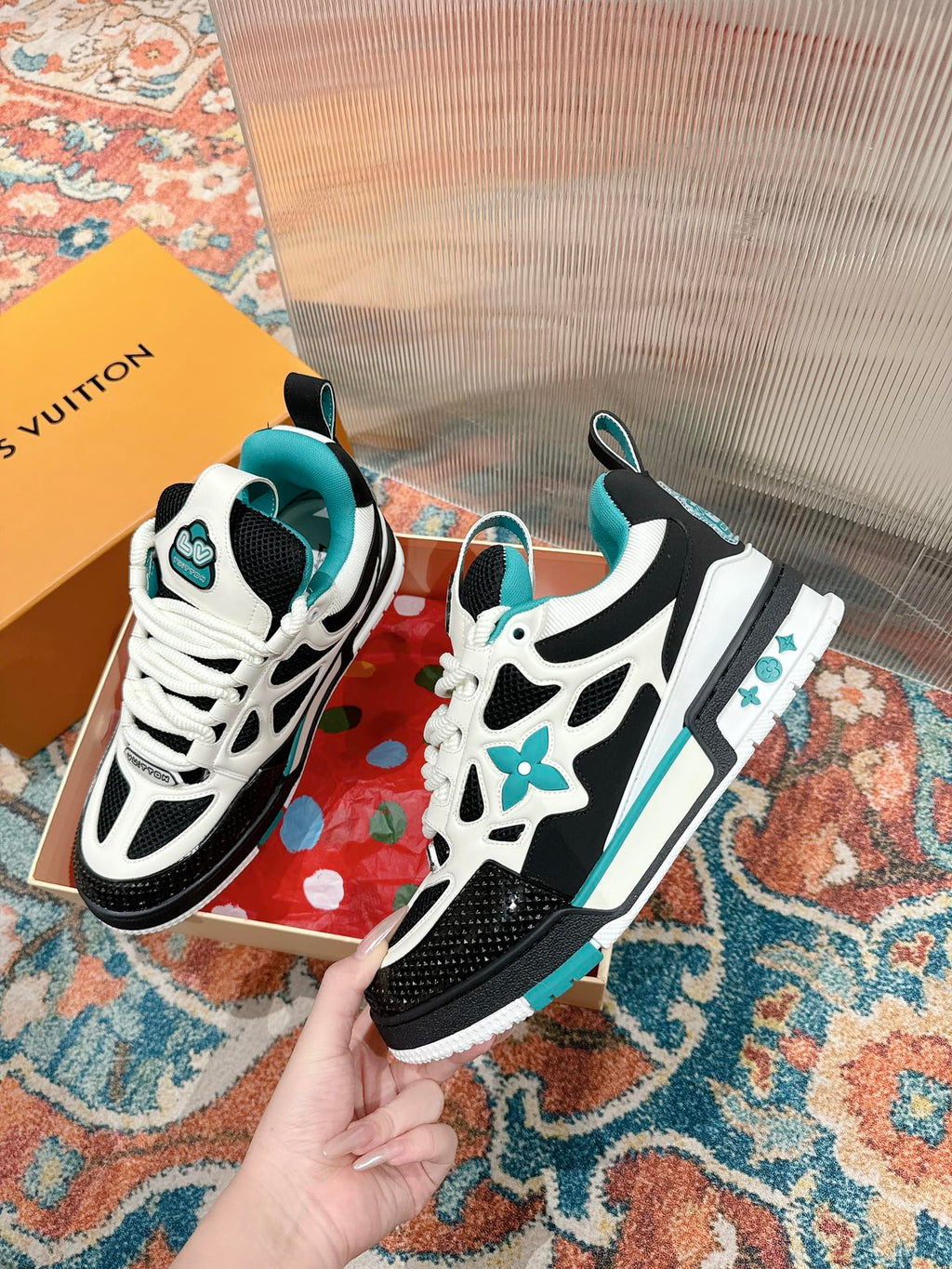 LV SKATE SNEAKER IN WHITE MIX BLACK AND PERSIAN GREEN CALFSKIN