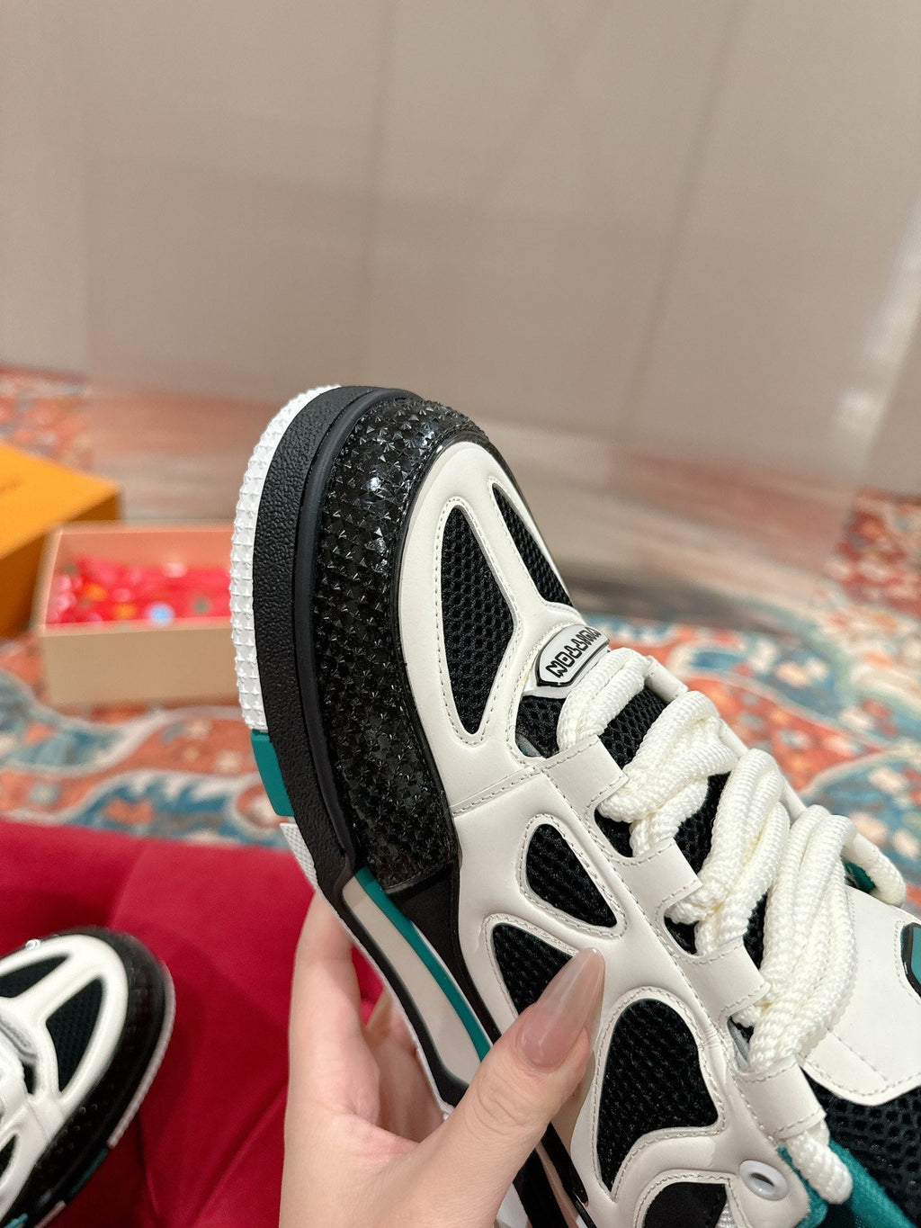 LV SKATE SNEAKER IN WHITE MIX BLACK AND PERSIAN GREEN CALFSKIN