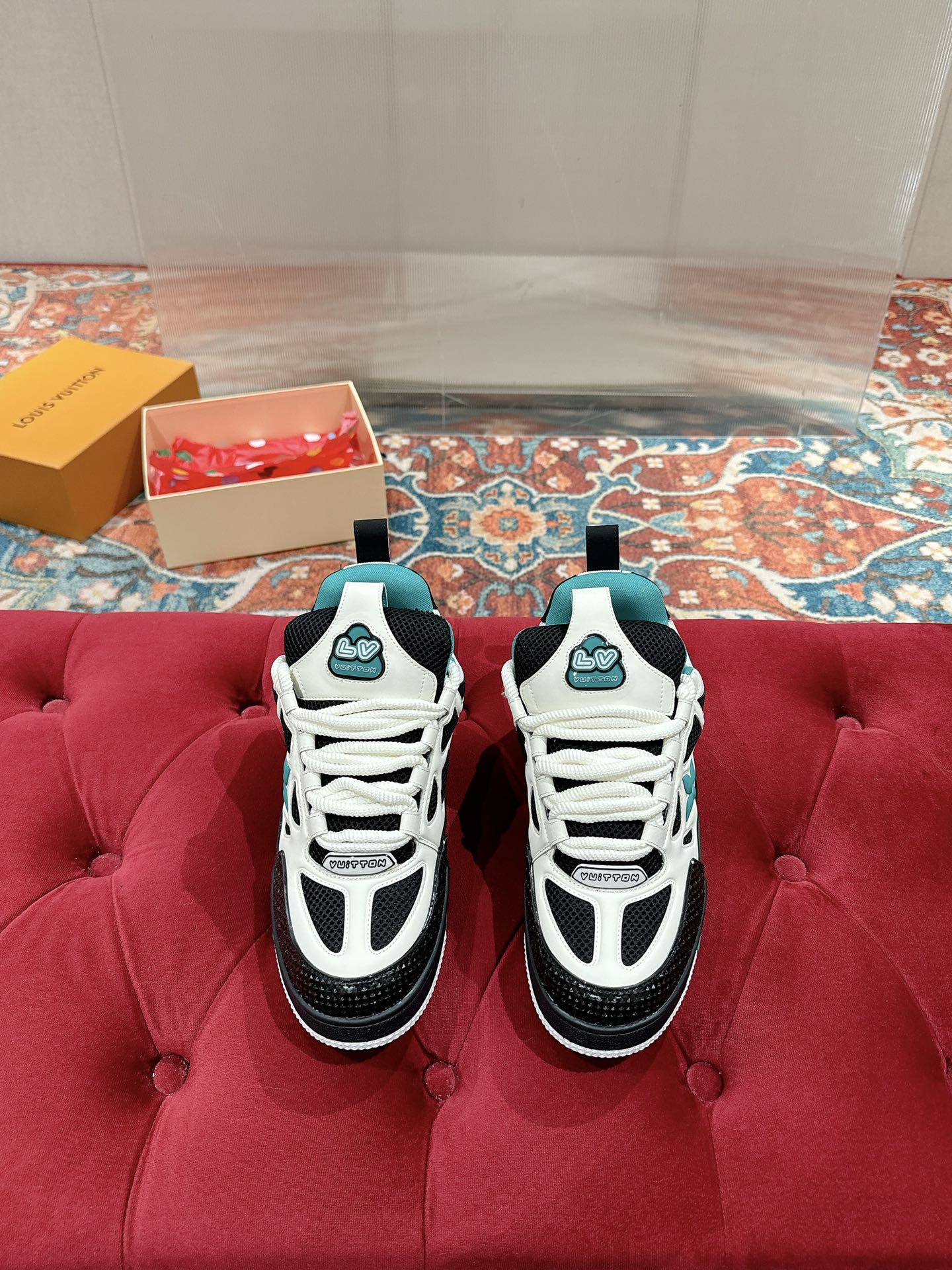 LV SKATE SNEAKER IN WHITE MIX BLACK AND PERSIAN GREEN CALFSKIN