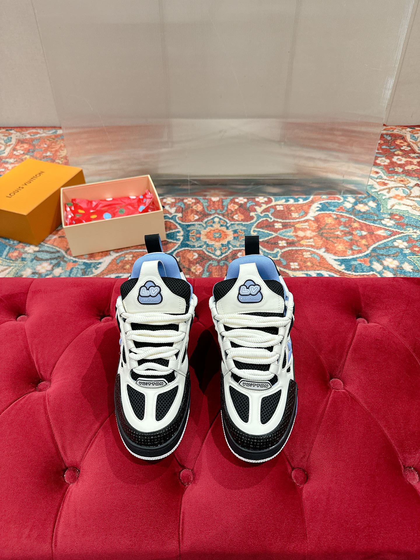 LV SKATE SNEAKER IN WHITE MIX BLACK AND SKY BLUE CALFSKIN