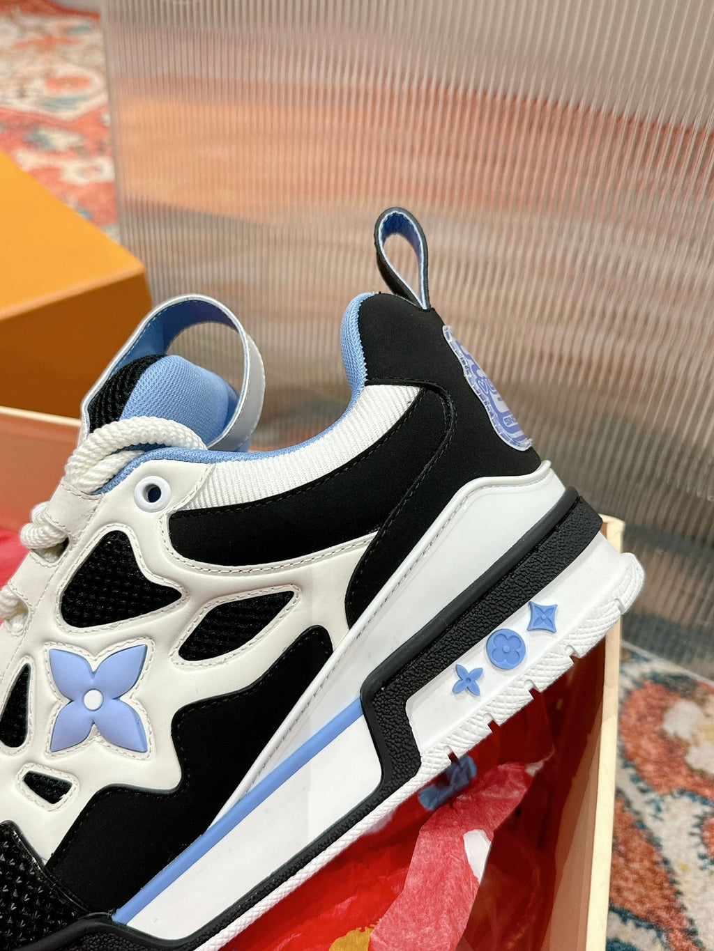 LV SKATE SNEAKER IN WHITE MIX BLACK AND SKY BLUE CALFSKIN