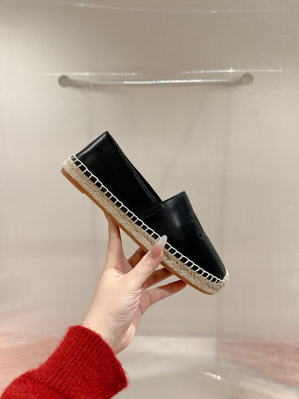 ESPADRILLES BLACK SHINY CALFSKIN EMBOSSED LOGO