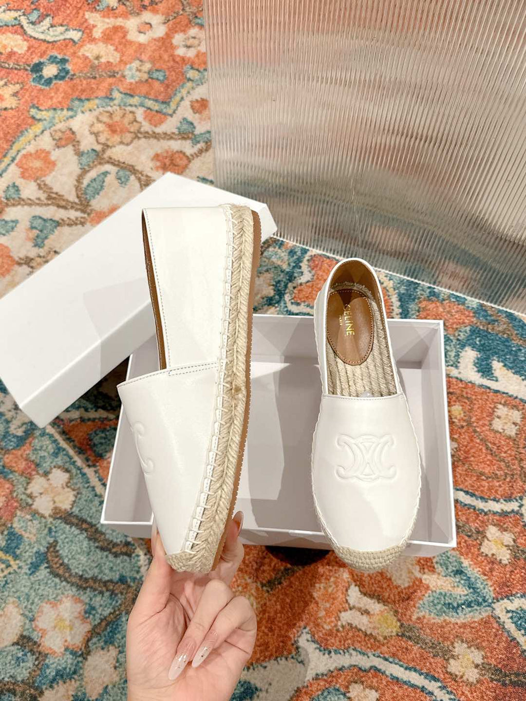 ESPADRILLES WHITE SHINY CALFSKIN EMBOSSED LOGO