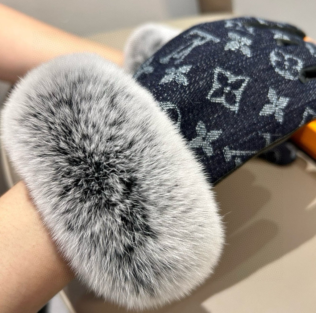 FINGERLESS GLOVES IN BLACK MONOGRAM DENIM AND LAMBSKIN WITH RABBIT FUR 458590