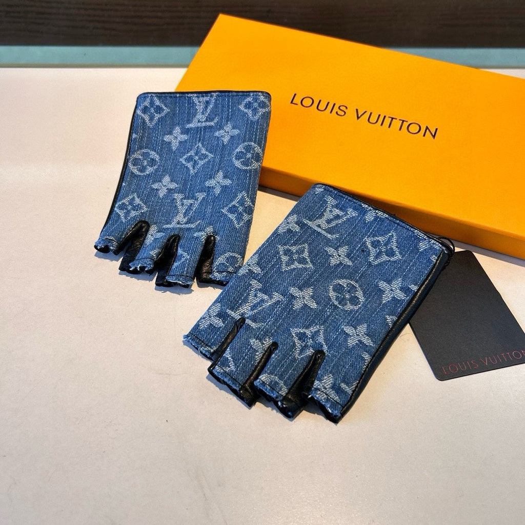 FINGERLESS GLOVES IN ELECTRIC BLUE MONOGRAM DENIM AND BLACK LAMBSKIN 460107