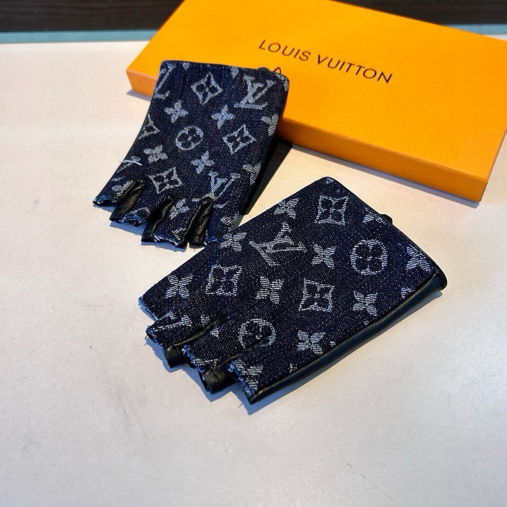 FINGERLESS GLOVES IN BLACK MONOGRAM DENIM AND LAMBSKIN 460108