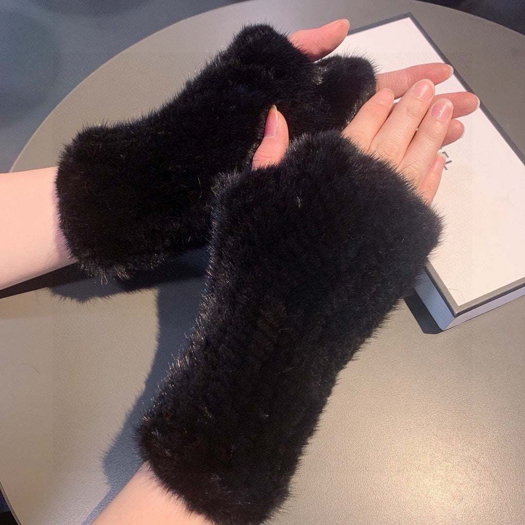 FINGERLESS GLOVES IN BLACK RABBIT FUR 462279