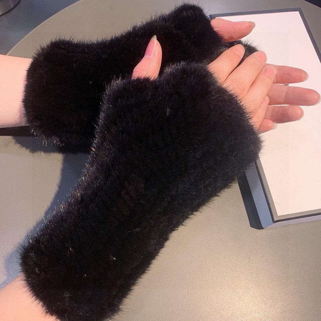 FINGERLESS GLOVES IN BLACK RABBIT FUR 462279