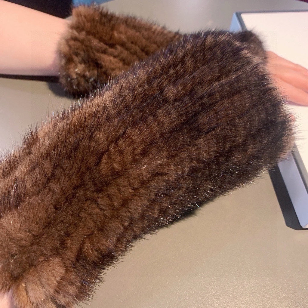 FINGERLESS GLOVES IN GINGERBREAD BROWN RABBIT FUR 462280