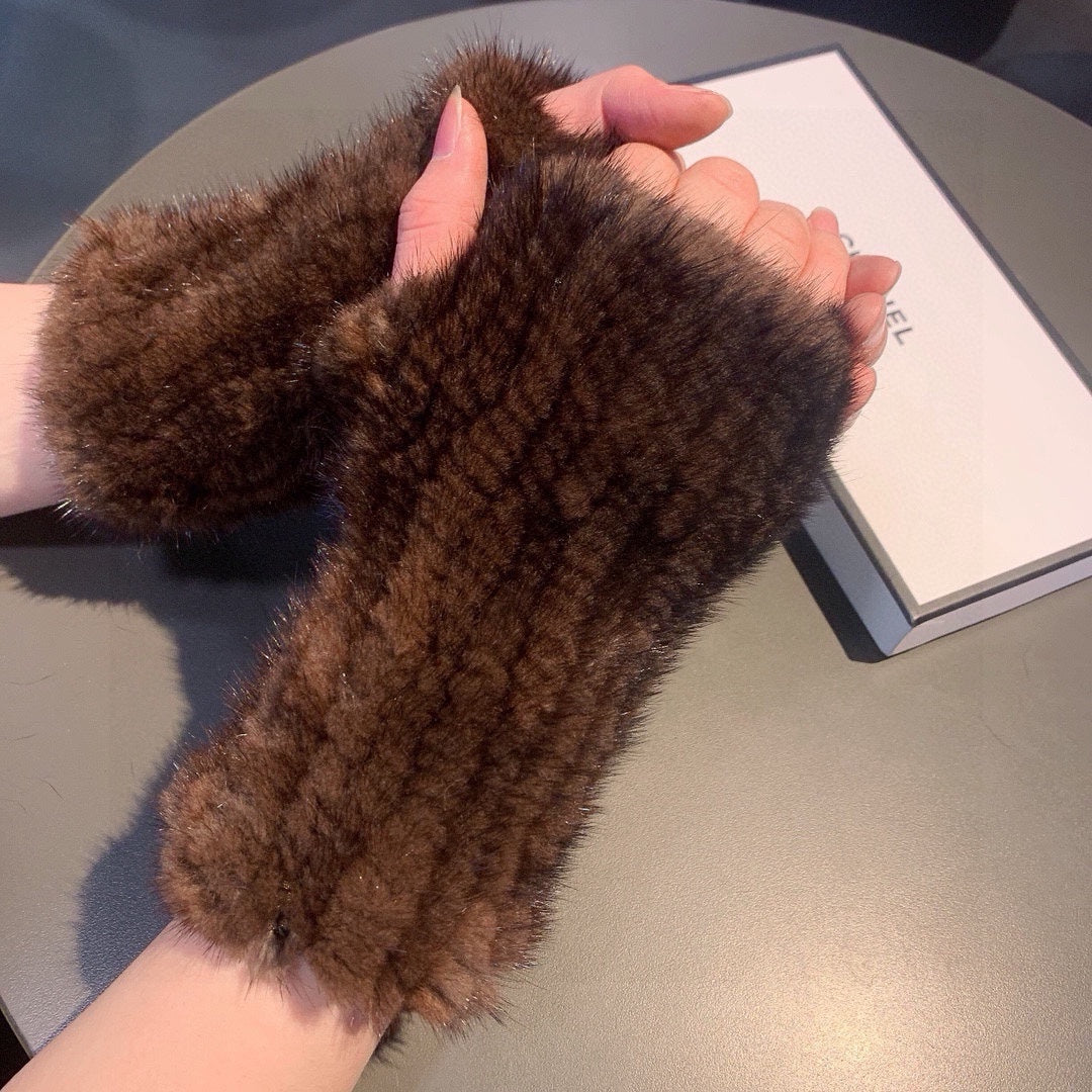 FINGERLESS GLOVES IN GINGERBREAD BROWN RABBIT FUR 462280