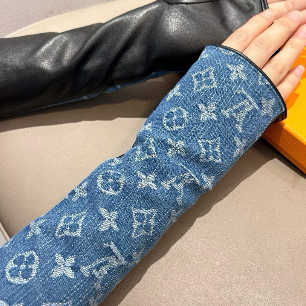 FINGERLESS LONG GLOVES IN AZURE BLUE MONOGRAM DENIM AND BLACK LAMBSKIN