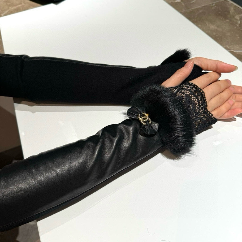 FINGERLESS LONG GLOVES IN BLACK LAMBSKIN WITH RABBIT FUR 465798