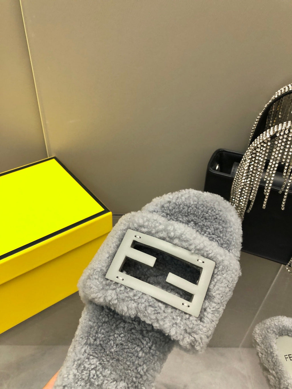 FENDI BAGUETTE SLIDE SLIPPERS IN GREY WOOL