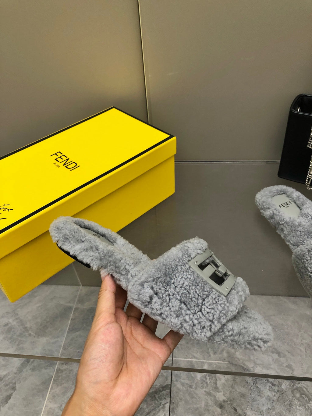 FENDI BAGUETTE SLIDE SLIPPERS IN GREY WOOL