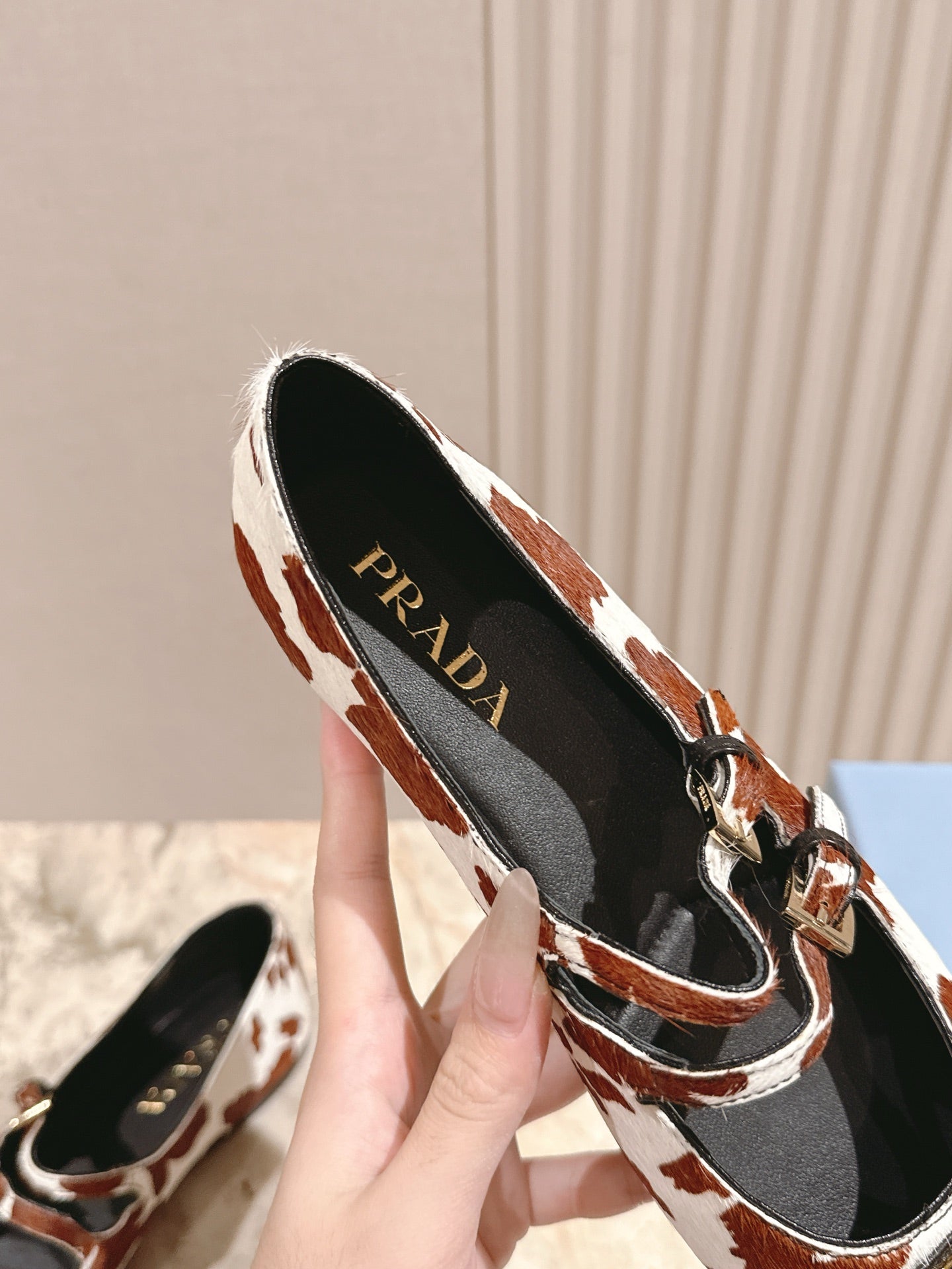 PRADA 25S CRYSTAL EMBELLISHED BALLERINA IN WHITE AND DARK BROWN FUR