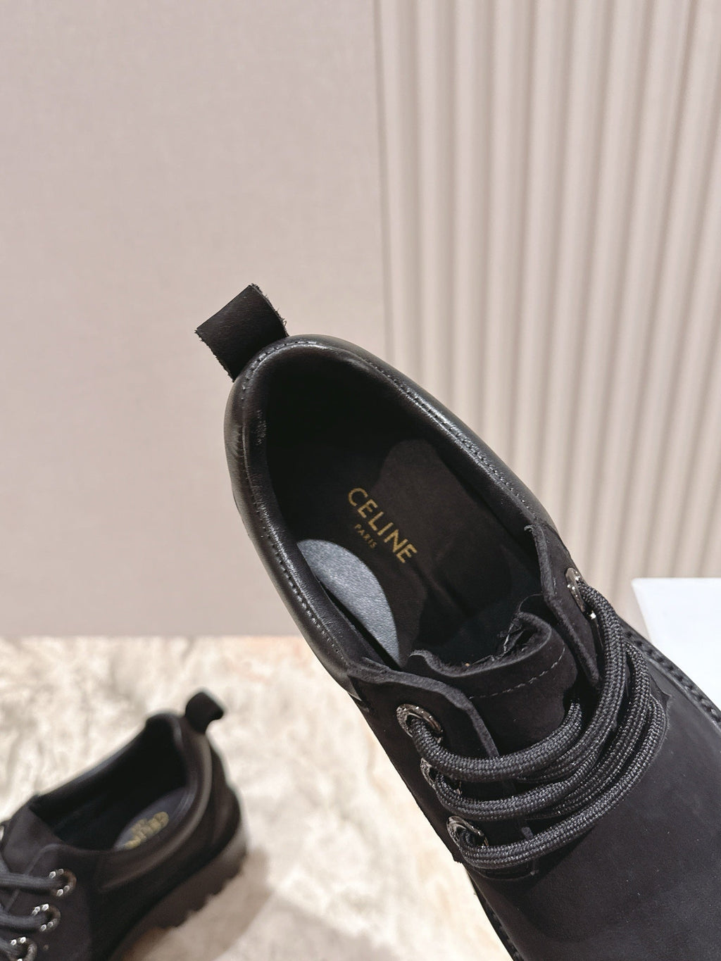 CELINE 25S LOW CUT MARTIN BOOTS IN BLACK CALFSKIN