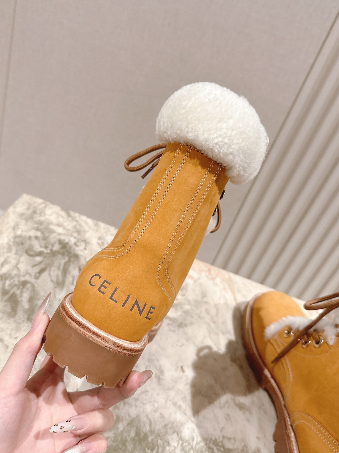 CELINE 25S KURT LACE UP MID BOOT IN MEDIUM ORANGE SUEDE AND SHEARLING