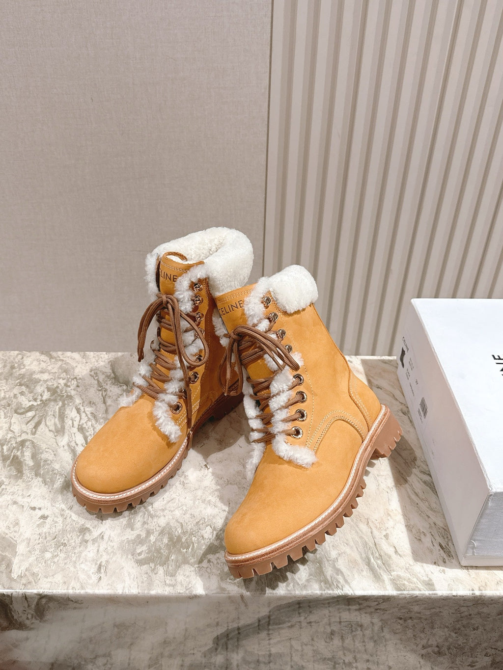 CELINE 25S KURT LACE UP MID BOOT IN MEDIUM ORANGE SUEDE AND SHEARLING