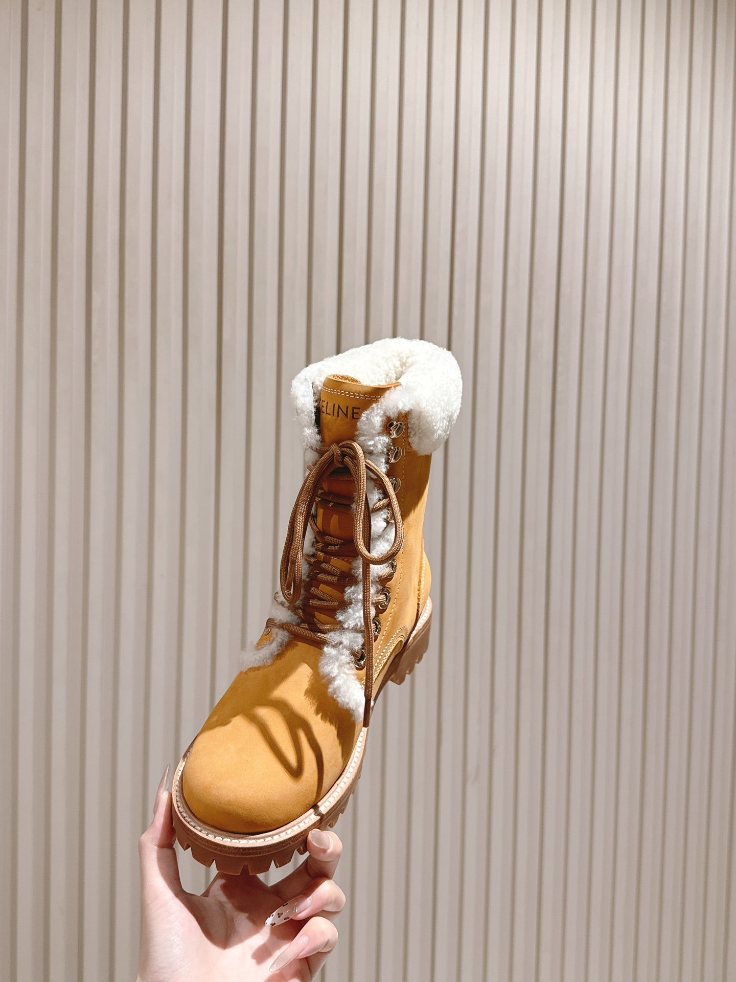 CELINE 25S KURT LACE UP MID BOOT IN MEDIUM ORANGE SUEDE AND SHEARLING