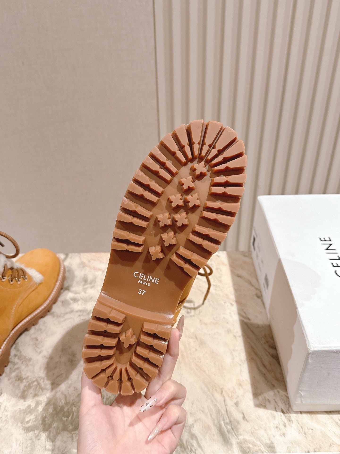 CELINE 25S KURT LACE UP MID BOOT IN MEDIUM ORANGE SUEDE AND SHEARLING