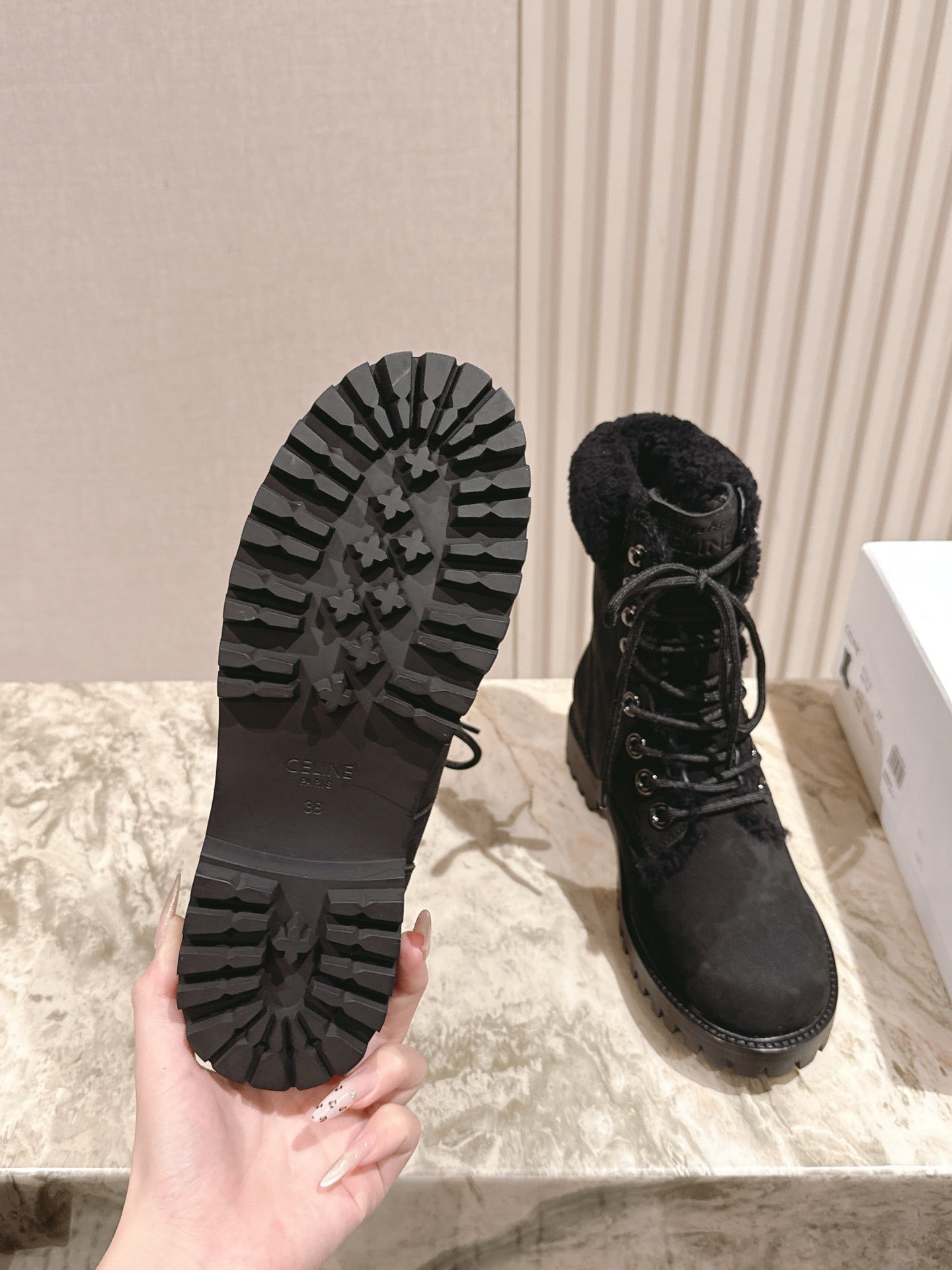 CELINE 25S KURT LACE UP MID BOOT IN BLACK FULL SUEDE AND SHEARLING