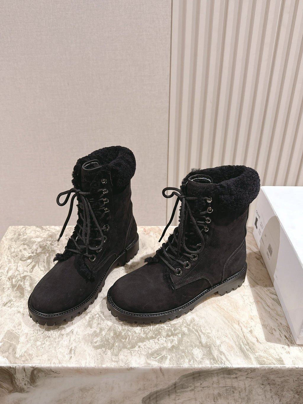 CELINE 25S KURT LACE UP MID BOOT IN BLACK FULL SUEDE AND SHEARLING