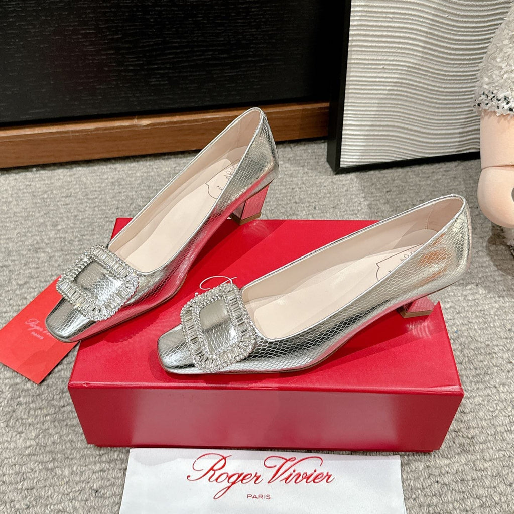 BELLE VIVIER PUMPS IN SILVER METALLIC LIZARD EMBOSSED CALFSKIN