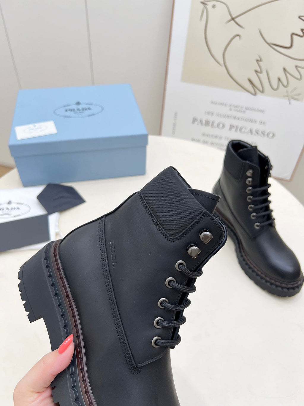 PRADA 25S LACE UP BOOTS BLACK CALFSKIN