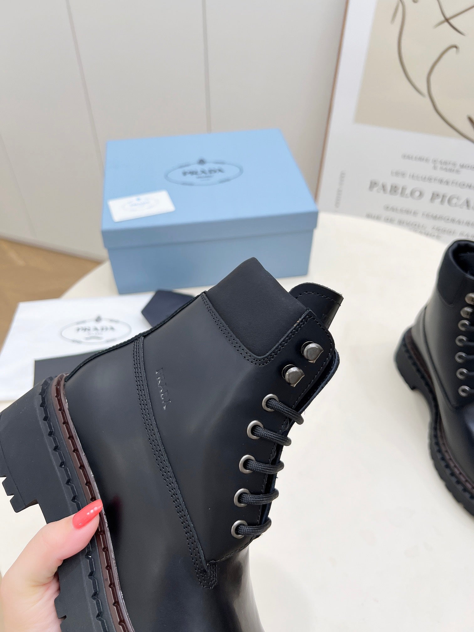 PRADA 25S LACE UP BOOTS BLACK GLOSSY CALFSKIN