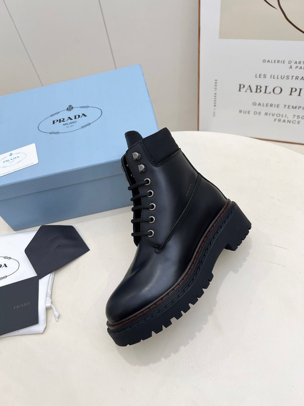 PRADA 25S LACE UP BOOTS BLACK GLOSSY CALFSKIN
