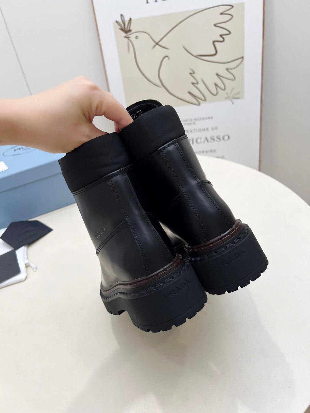 PRADA 25S LACE UP BOOTS BLACK GLOSSY CALFSKIN