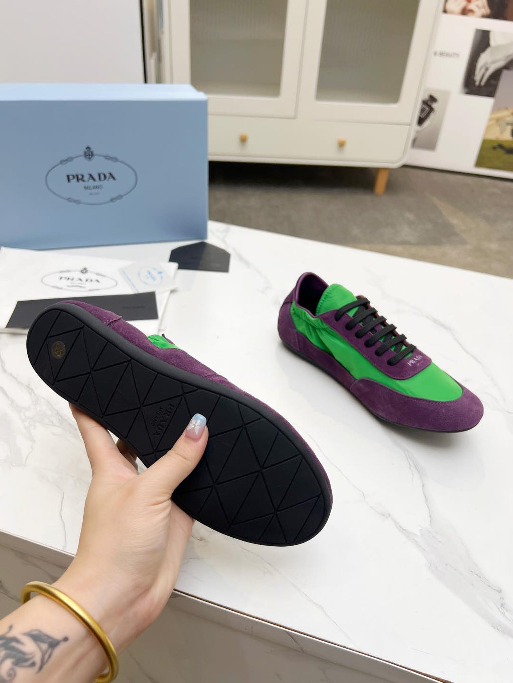 COLLAPSE SNEAKERS IN PURPLE SUEDE AND GREEN NYLON